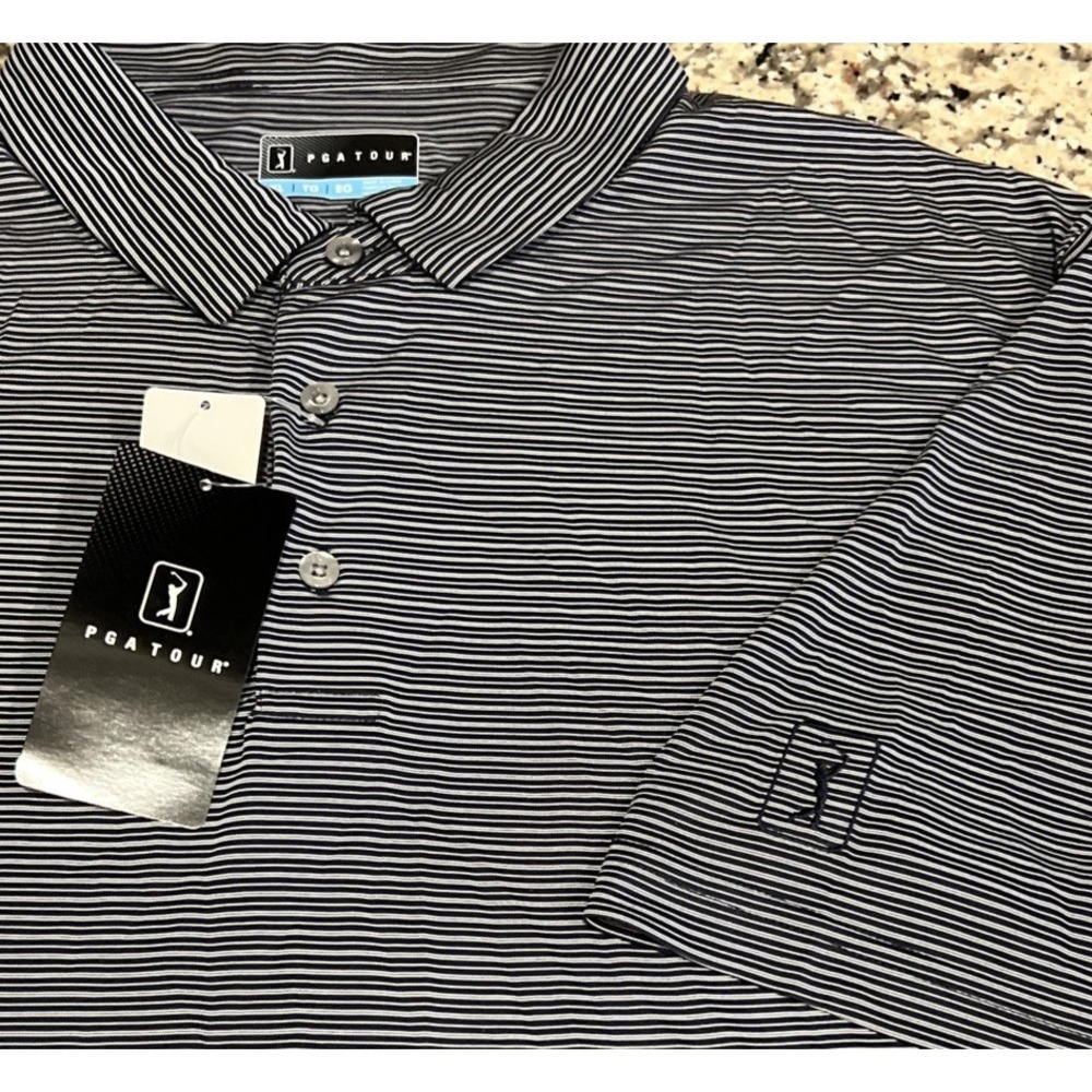 New PGA TOUR MEN'S Short Sleeve POLO SHIRT Peacoat Blue White Striped‎ Size XL